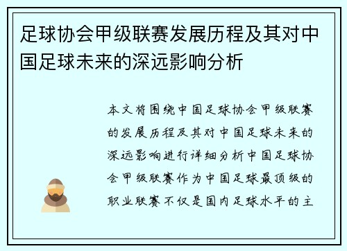 足球协会甲级联赛发展历程及其对中国足球未来的深远影响分析